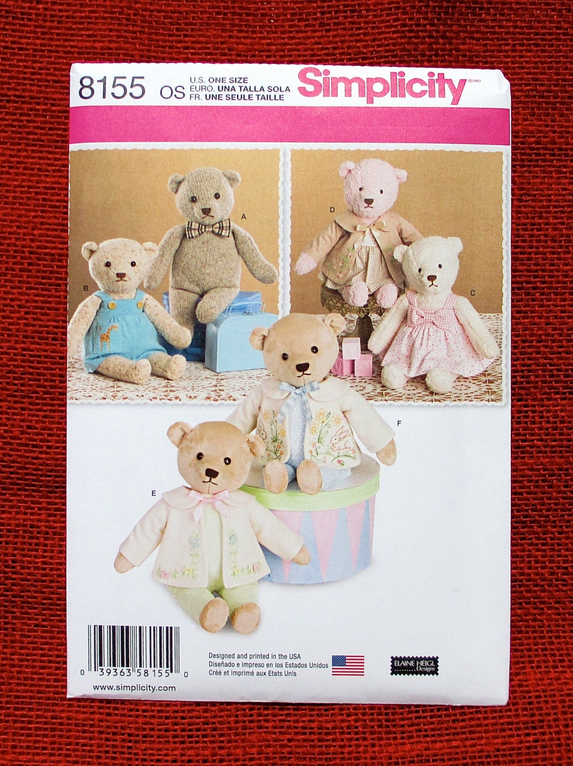 Simplicity Sewing Pattern 8155 Teddy Bears by AlicesSewingCorner