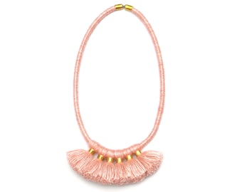 Tassel Fringe Necklace, Fiber Statement Necklace, Peach Rose Wool Necklace, Modern Necklace, Fiber Jewelry, Tassel Jewelry, Gift For Her