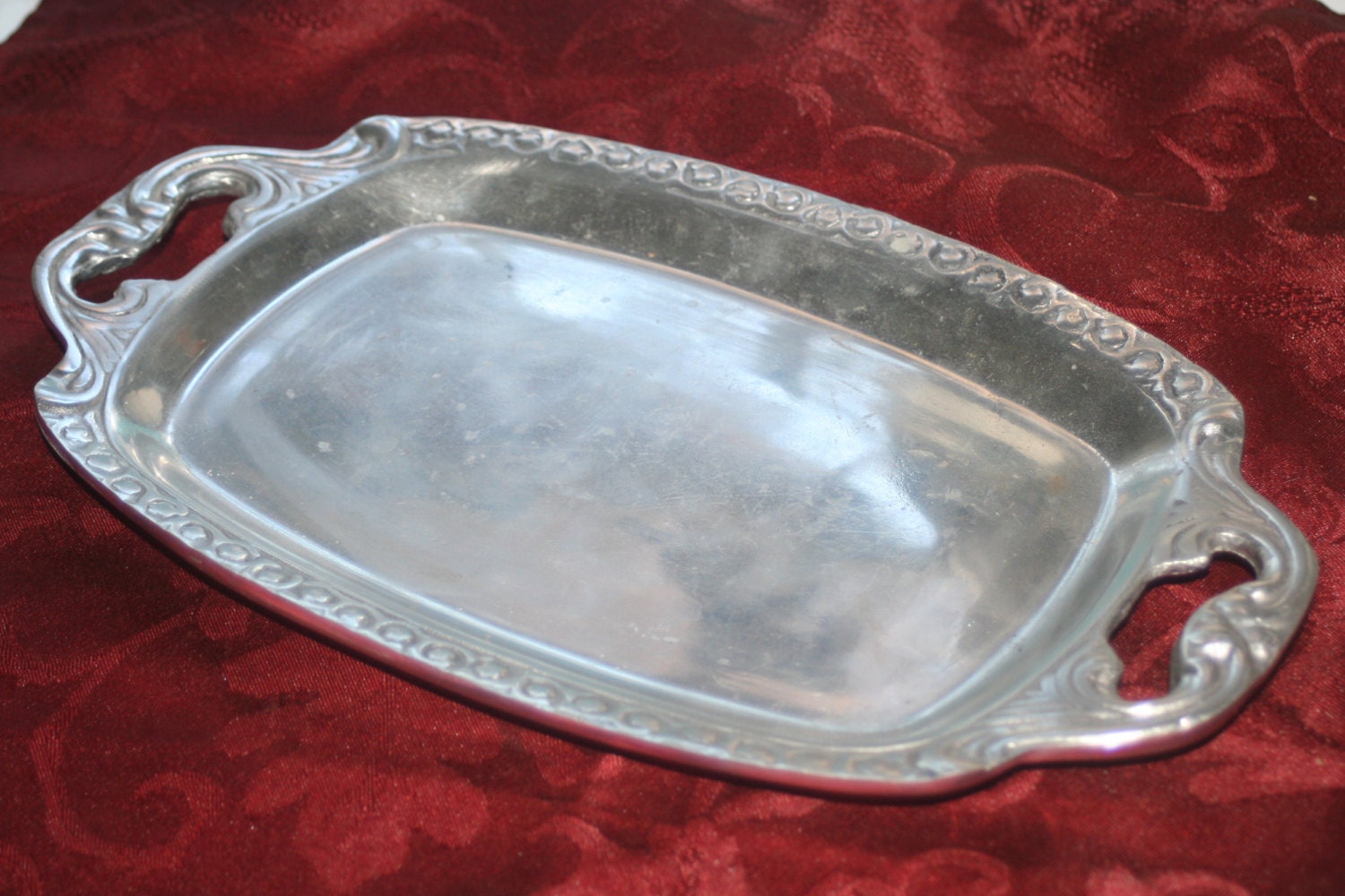 Vintage Polished Pewter Tray Ornate Handled Serving Tray