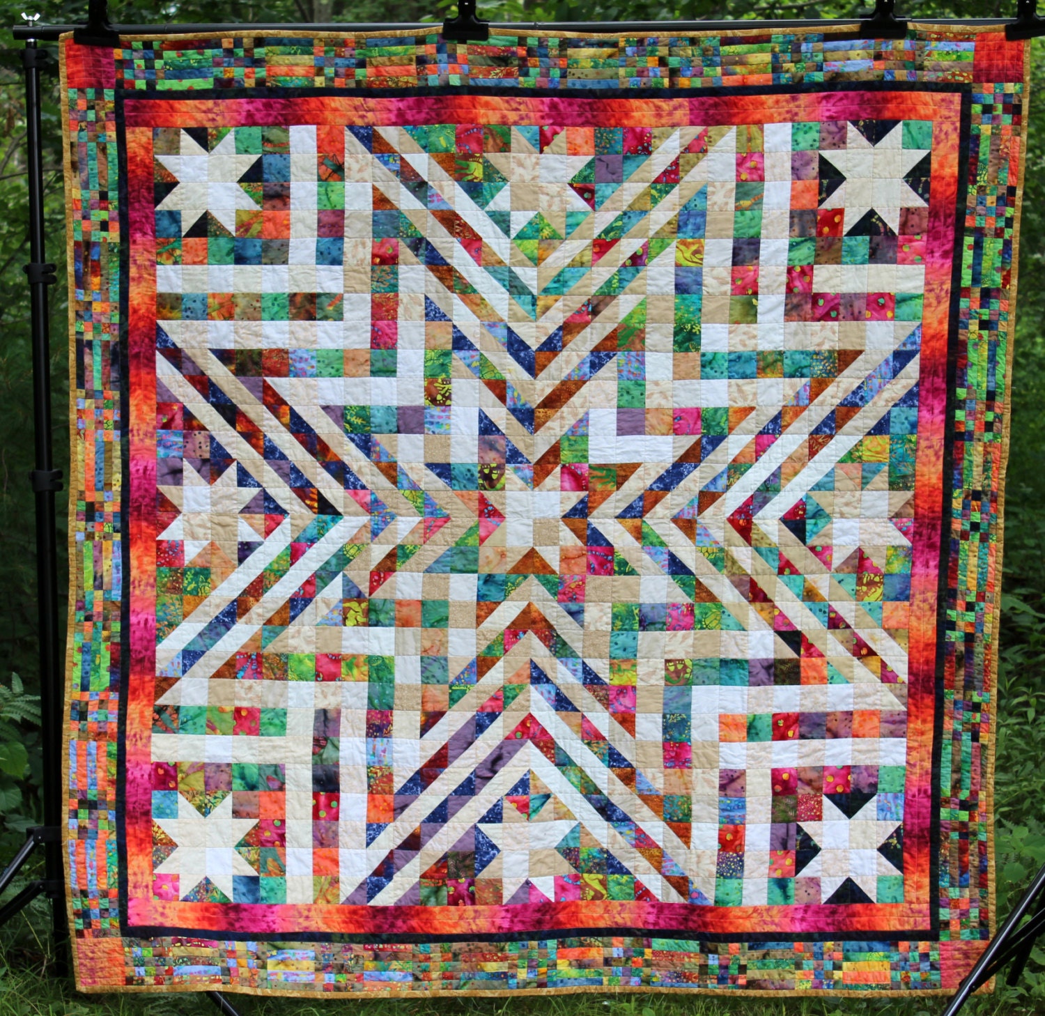 Exploding Star Patchwork Quilt Pieced 66x66 Colorful Bright