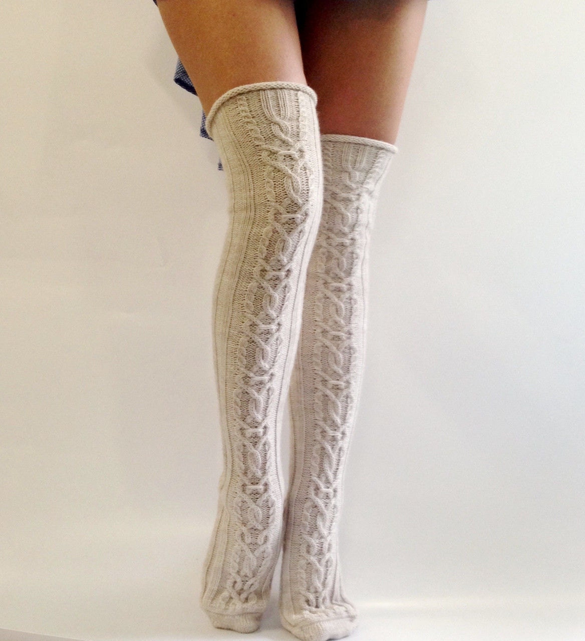 Knee High Cable Knit Thick Wool Socks Cream Beige by WannabeDecor