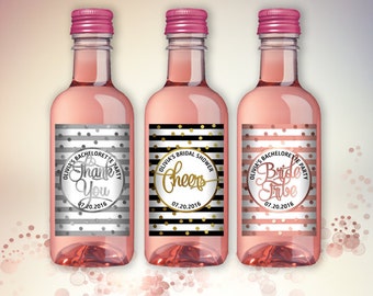 Bridal Shower Party Mini Wine Bottle Labels, Customized - Black-White-Gold, Silver or Rose, Mini Labels - DIY Print, Printable PDF - #GSR