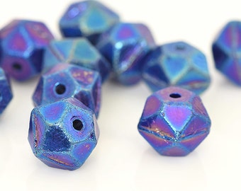 Blue English Cut Beads, Czech Glass Rough Cut, Metallic Blue Glass Beads, Faceted Blue Glass Beads, 9x10mm - 15 beads (ENG-08)