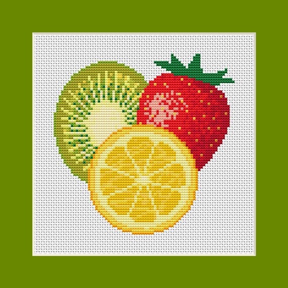 Orange Kiwi and Strawberry Fruit Counted Cross Stitch Pattern