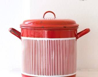 Large French Vintage Enamel Stock Pot - Art Deco 1920s - Red and White Stripes - Free Shipping within the USA