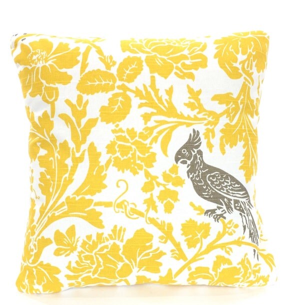 Yellow Pillow Cover Taupe Bird Decorative Throw Pillow