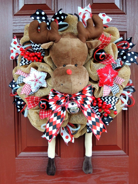Items similar to Rudolph Christmas Deco Mesh Wreath Reindeer Deco Mesh ...