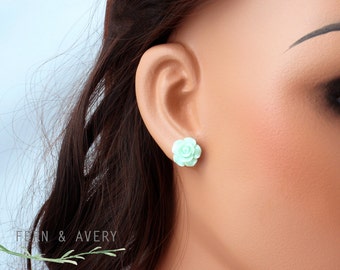 Mint green rose flower post earrings, sterling silver, elegant dainty