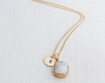Gold Initial Necklace & White Druzy Gem, Druzy Necklace, Personalised Jewellery, Bridesmaid Necklace, Personalised Gift