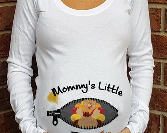 Zipper Mommy's Little Turkey Thanksgiving Maternity Shirt with cute Turkey and fall leaves first announcement tshi Ruched