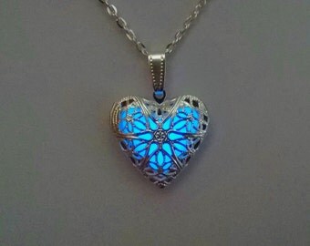 Glowing Locket - Heart Necklace - Wife gift - Easter Gift - Glow in the Dark Pendant - Glowing Charm - Bridesmaid Necklace - Gifts for Her