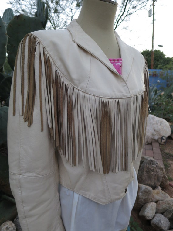 Vintage Retro Mexican Leather Fringe Jacket / Cream Colored