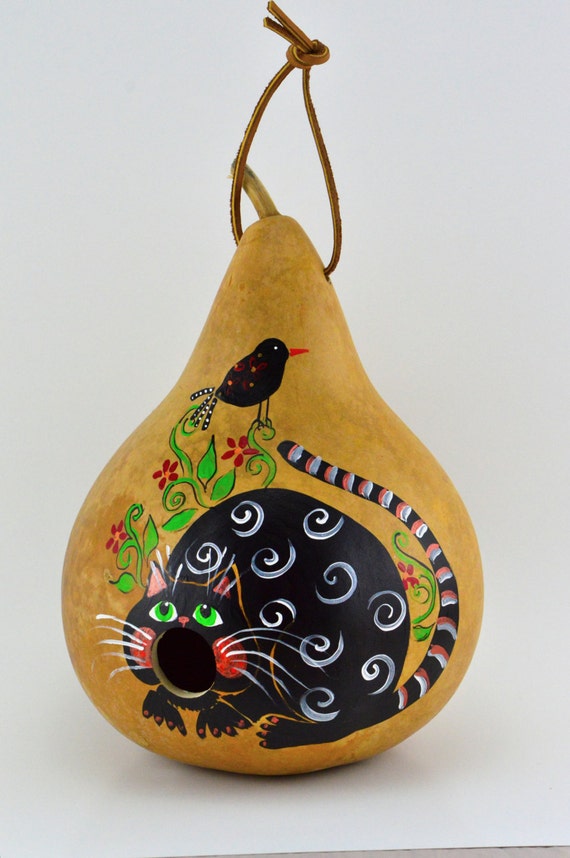 Gourd Birdhouse -  Cat Birdhouse - Painted Gourd - Bird lovers gift - Garden Art -  Wren House - Natural Decor - Black Cat -