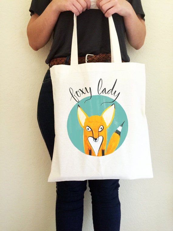 Items similar to Foxy Lady Cotton Tote // Fox and Lettering ...