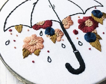 Raining Flowers Hand Embroidery hoop art Wildflower embroidery Custom embroidery hoop Hand stitched Blackwork Umbrella Embroidery