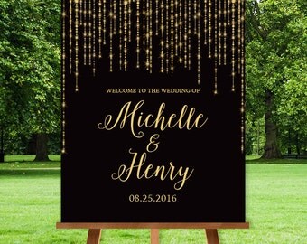 Elegant Wedding Welcome Sign / Great Gatsby Inspired Bokeh String Light Sparkle / Black and Gold ▷ Printable File {or} Printed & Shipped