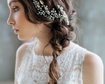 Bridal Headpiece, Bridal Hair Vine , Bridal Pearl Headpiece, Wedding Wreath, Wedding Headpiece, Gold Leaves, Wedding Hair Accessories