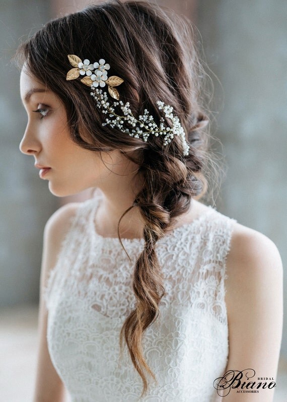 Bridal Headpiece, Bridal Hair Vine , Bridal Pearl Headpiece, Wedding Wreath, Wedding Headpiece, Gold Leaves, Wedding Hair Accessories