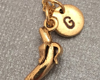 Banana necklace, banana charm, food necklace, personalized necklace, initial necklace, initial charm, monogram