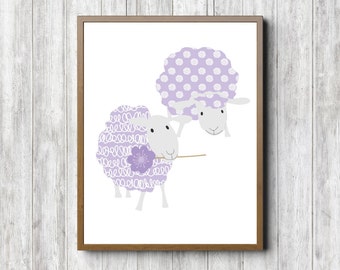 Whimsical Animal Art - Sheep Nursery / Girls Room Wall Art - Lavender /Purple Wall Decor - Farm Animal Print - Cute Sheep Poster