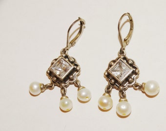 925 Sterling Silver White Stone Genuine Dangling Pearl Earrings.