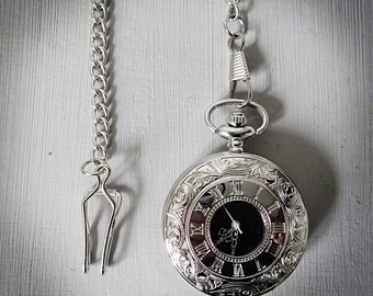 Vintage Inspired Men's Silver Pocket Watch with Roman Numeral white detail and silver chain clasp for Men's Waistcoat.