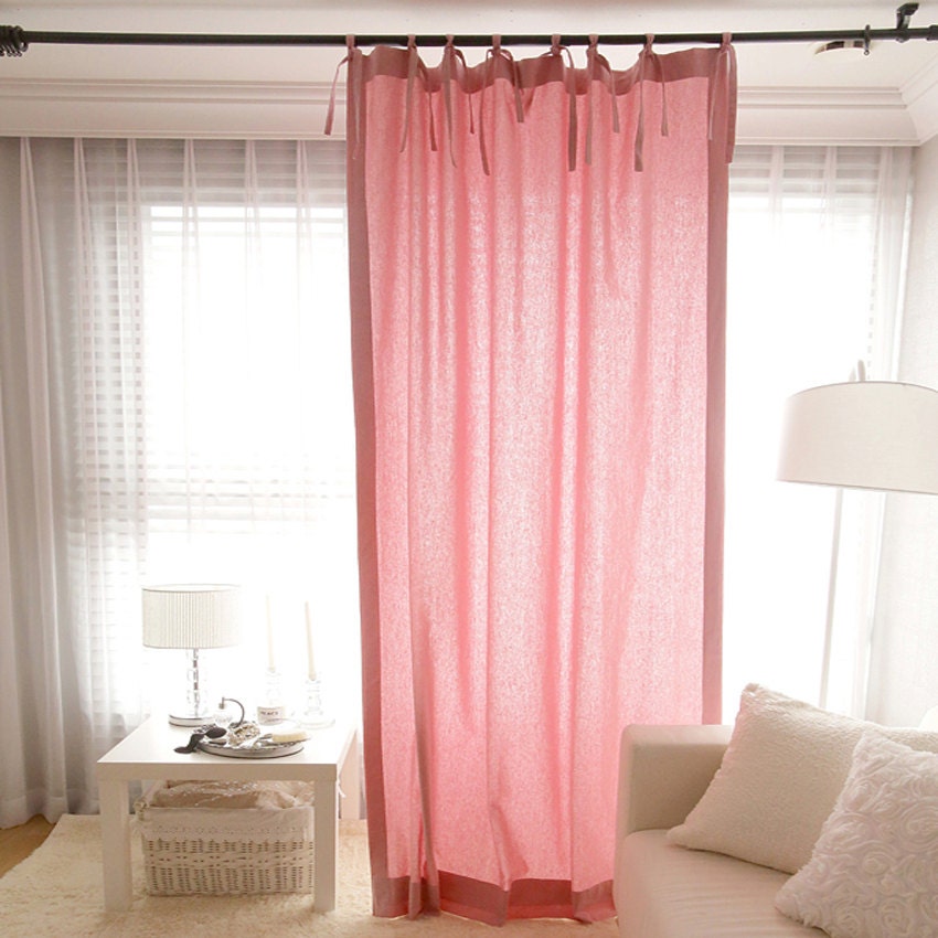 Pale Pink Ribbon Tie Top Linen Curtain