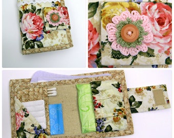 Hygiene Emergency Kit Woman Toiletry Purse Organizer Shabby Chic Cotton Fabric Privacy Feminine Pads Liners Holder Textile Carrier OOAK