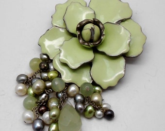 Unusual Large Vintage Green Enamel Flower Beads dangle Brooch