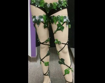 Poison Ivy - Eve - Fairy - crystal rhinestone green ivy leaves leg wraps - pair of 2!