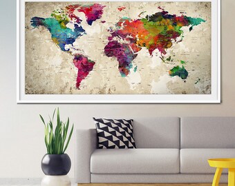 Push pin world map, Large Push Pin ,Travel World map, World map poster, Push pin travel map, Push pin map, Art Print PushPin, Wall Art (L1)