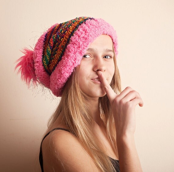 beanie chunky pom pom beanie, handknit pom pink hat, slouchy hat, winter Womens pom chunky beanie chunky pom pom beanie, handknit pom pink hat, slouchy hat, winter Womens pom chunky