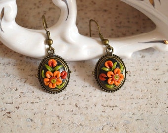 flower earrings gift idea folk earrings polymer clay boho style earrings handmade gift|for|girls dangle drop earring summer earrings flower