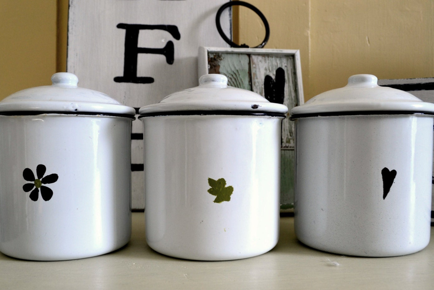 Decorative Canisters Set of 3 White Enameled Storage
