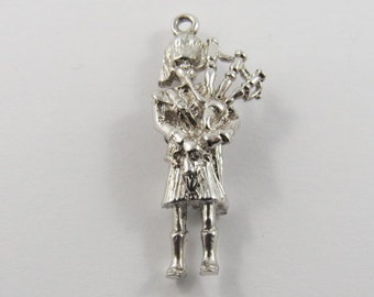 Scottish Man Playing Bagpipes Sterling Silver Charm or Pendant.