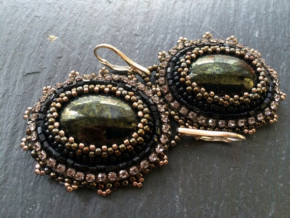 Beaded earrings, Victorian style earrings, black brown earrings with zircon in champagne colour by DeerAvenue steampunk buy now online