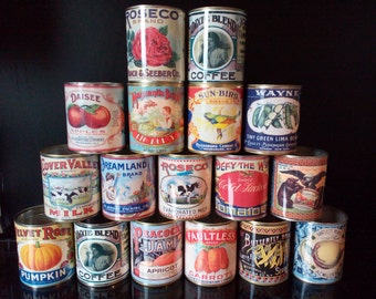 Vintage food tin cans larger size. Storage for home, cutlery holder, cafes, shop & restaurant display. Props replica labels