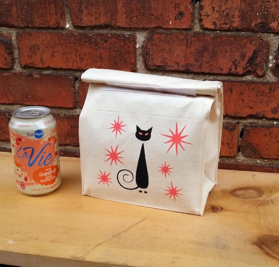Small Reusable Midcentury Black Cat Lunch Bag from Duck Sacks