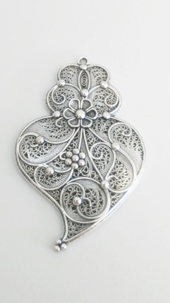 Filigree pendant silver portuguese 6.0 cm charm heart flower