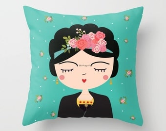 Frida Kahlo Pillow, Nursery Modern Pillow, Boho Girls Pillow, Mexican Folk Art, Cushion Cover, Folk Decorative Throw Pillow, Feminist art