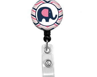 Pink and Blue Elephant Badge Reel, ID Badge Holder, Medical Badge Reel, Retractable Alligator Clip Swivel Badge Reel E2