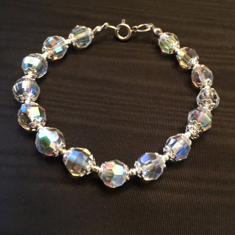 Clear Aurora Borealis Crystal Bracelet Silver Tone