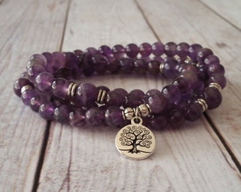 108 Mala Necklace, Tree of Life Mala, Amethyst Mala, 108 Beaded Prayer Necklace, 108 Mala Bracelet, 108 Beaded Mala, Tree Mala Necklace