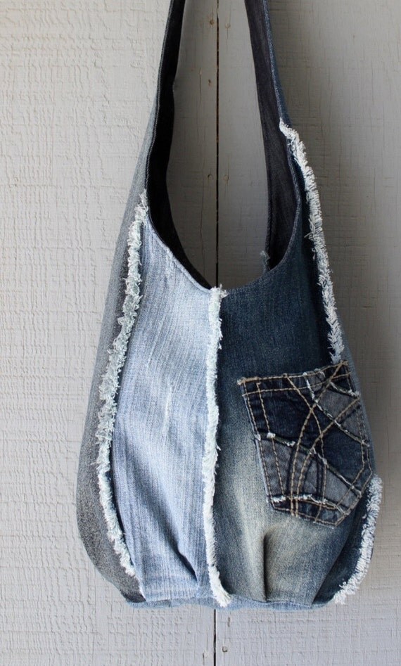 Reversible Denim Frayed Patch Hobo Tote Bag with Front Pocket