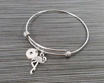 Flamingo Bangle - Flamingo Charm Bracelet - Expandable Bangle - Charm Bangle - Flamingo Bracelet - Initial Bracelet - Bird Bracelet