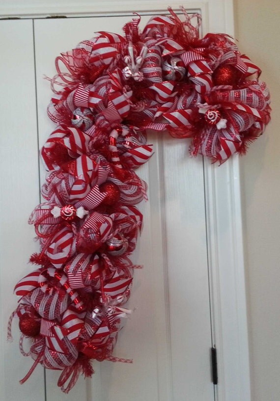 Candy Cane Deco Mesh Wreath Candy Cane Shaped by 60YearsOfLove