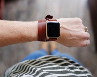 Triple Tour Full Grain Leather Apple Watch Band - Medium Brown | Made in USA