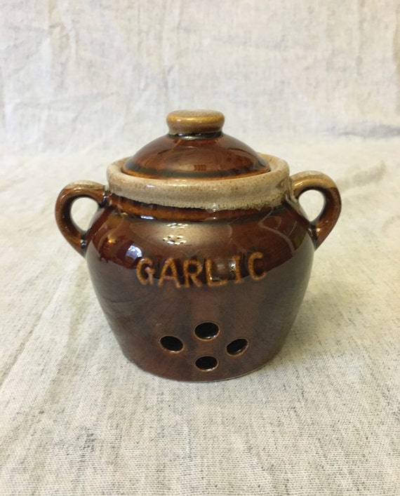 Vintage Brown Drip Stoneware Garlic Pot Garlic Keeper Garlic