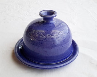 round ceramic butter dish with lid, handmade butter dish, blue pottery butter dish, unique butter dish, butter dish with dome