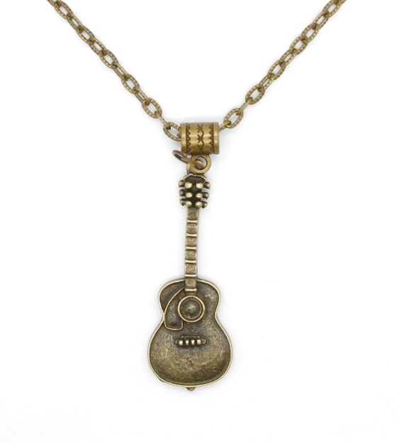 Acoustic Guitar Pendant on Bronze Chain Necklace